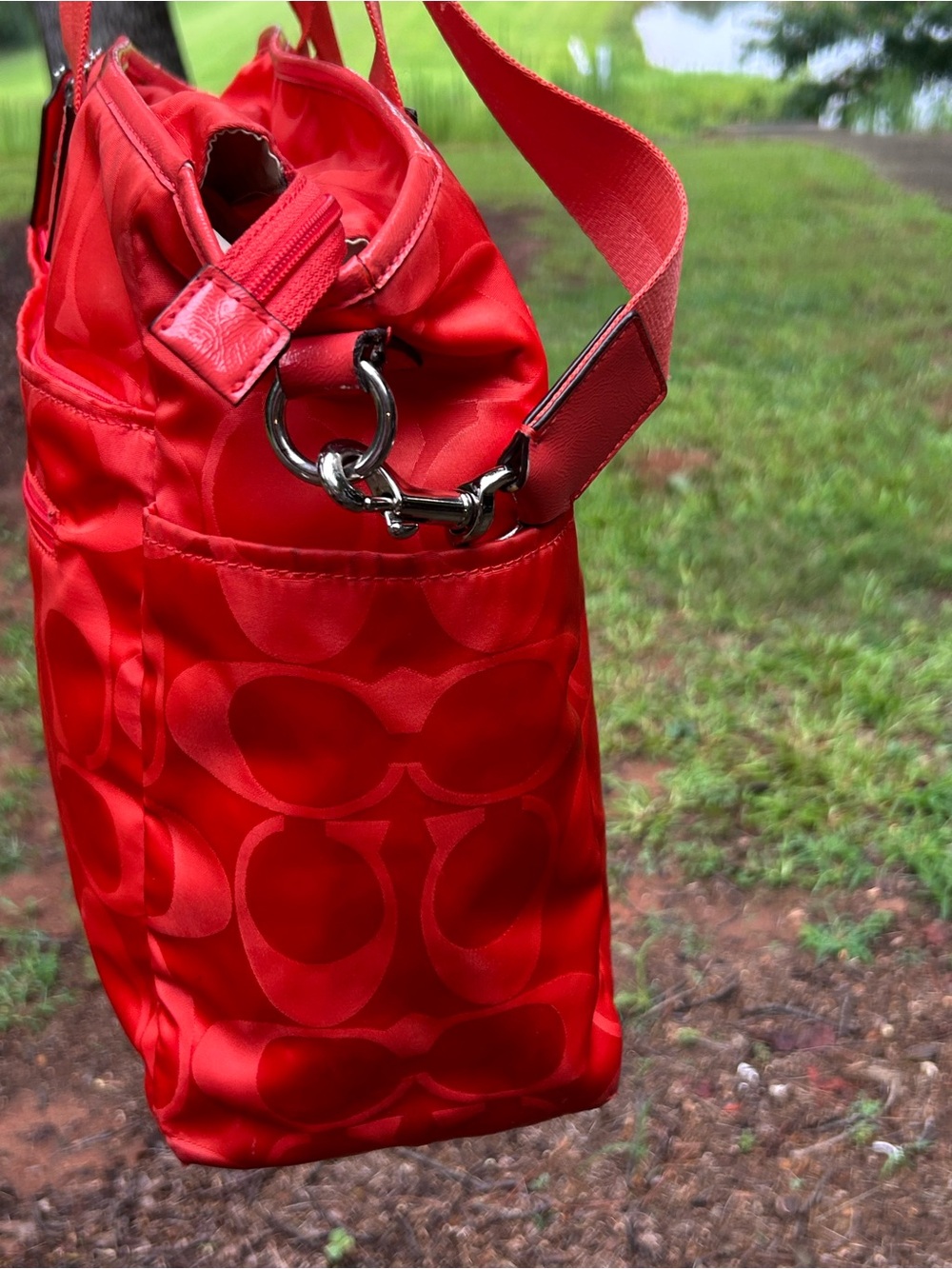Coach F77577 Signature Nylon Diaper Bag Travel Tote Coral Red Crossbody - Picture 7 of 16